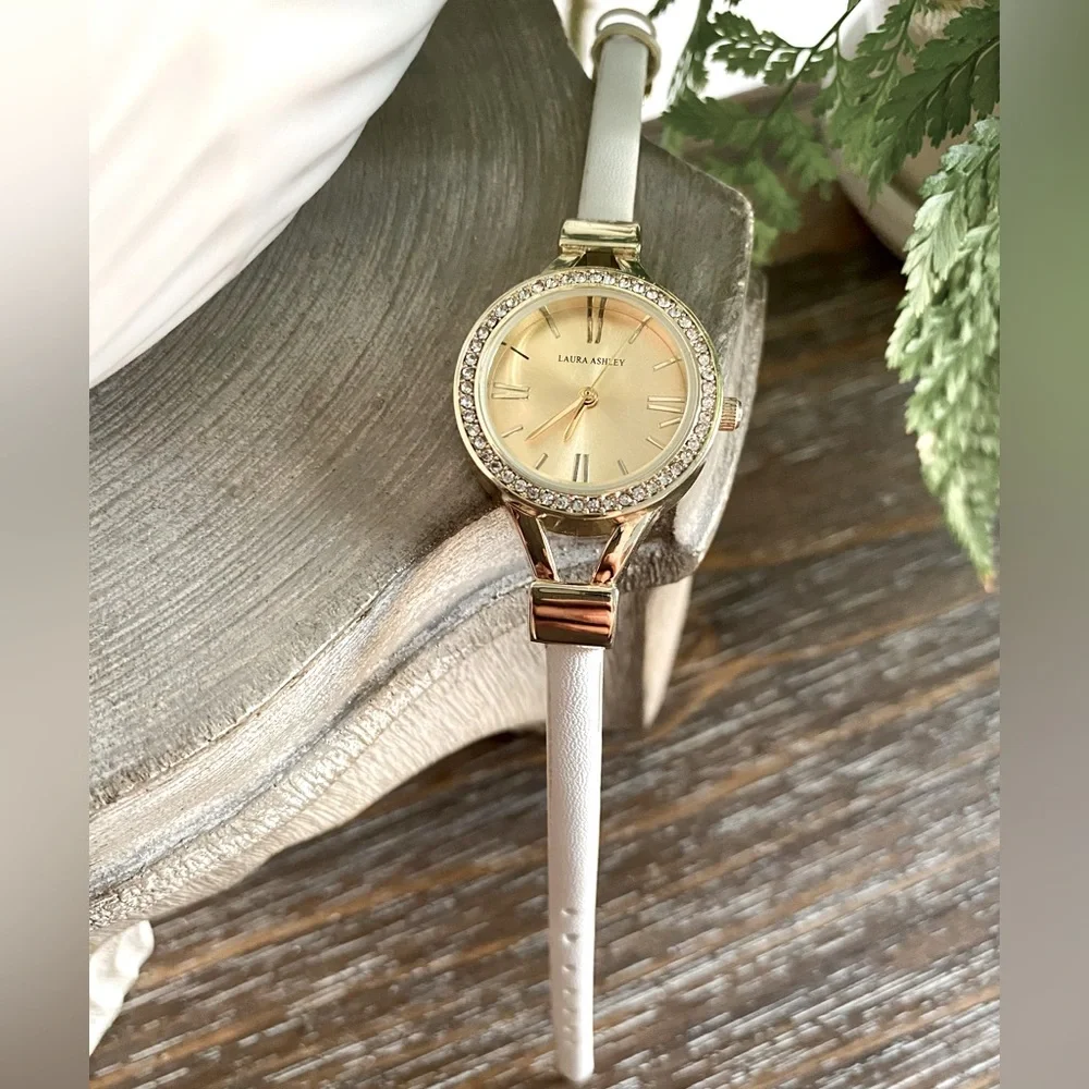 Laura Ashley Watch Analogue Womens Minimal White Thin Strap Crystal Bezel Roman